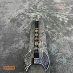 Hand Engraved Double Headed Viking Axe with Nordic Knotwork and Leather Wrapped Handle