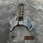 Hand Engraved Double Headed Viking Axe with Nordic Knotwork and Leather Wrapped Handle