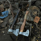 Norse Viking Axe Set with Engraved Steel Heads and Carved Hardwood Handles