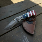Damascus Folding Pocket Knife — American Flag Handle