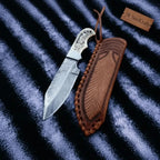 Handmade Damascus Drop Point Hunting Knife with Engraved Bone Handle and Leather Sheath
