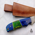 Handmade Damascus Fillet Knife – 10 Inch Overall, 5 Inch Precision Fish Filleting Blade with Colored Wood Handle, Full Tang Fishing Knife with Leather Sheath, JW SteelCrafts