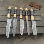Hand Forged 5-Piece Damascus Chef Knife Set — Olive Wood & Black Resin Handles