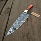 8” Carbon Steel Gyuto Chef Knife – Twisted Acid-Etched Blade with Red Pakka Wood Handle