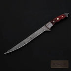 Handmade 13 Inch Overall Damascus Steel Fillet Knife –  Full Tang Fishing Knife with Hardwood Handle and Leather Sheath.