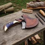 Damascus Steel Bushcraft Axe with Hardwood Handle & Leather Sheath