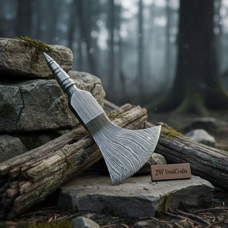Damascus Crescent Camp Axe Head with Deep Sweep Edge