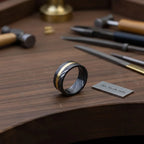 Black Damascus Offset Gold Inlay Ring with Asymmetric Gold Line