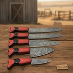 5-Piece Damascus Carving Knife Set Red Pakka Black Resin with Wood Grain Damascus Blades