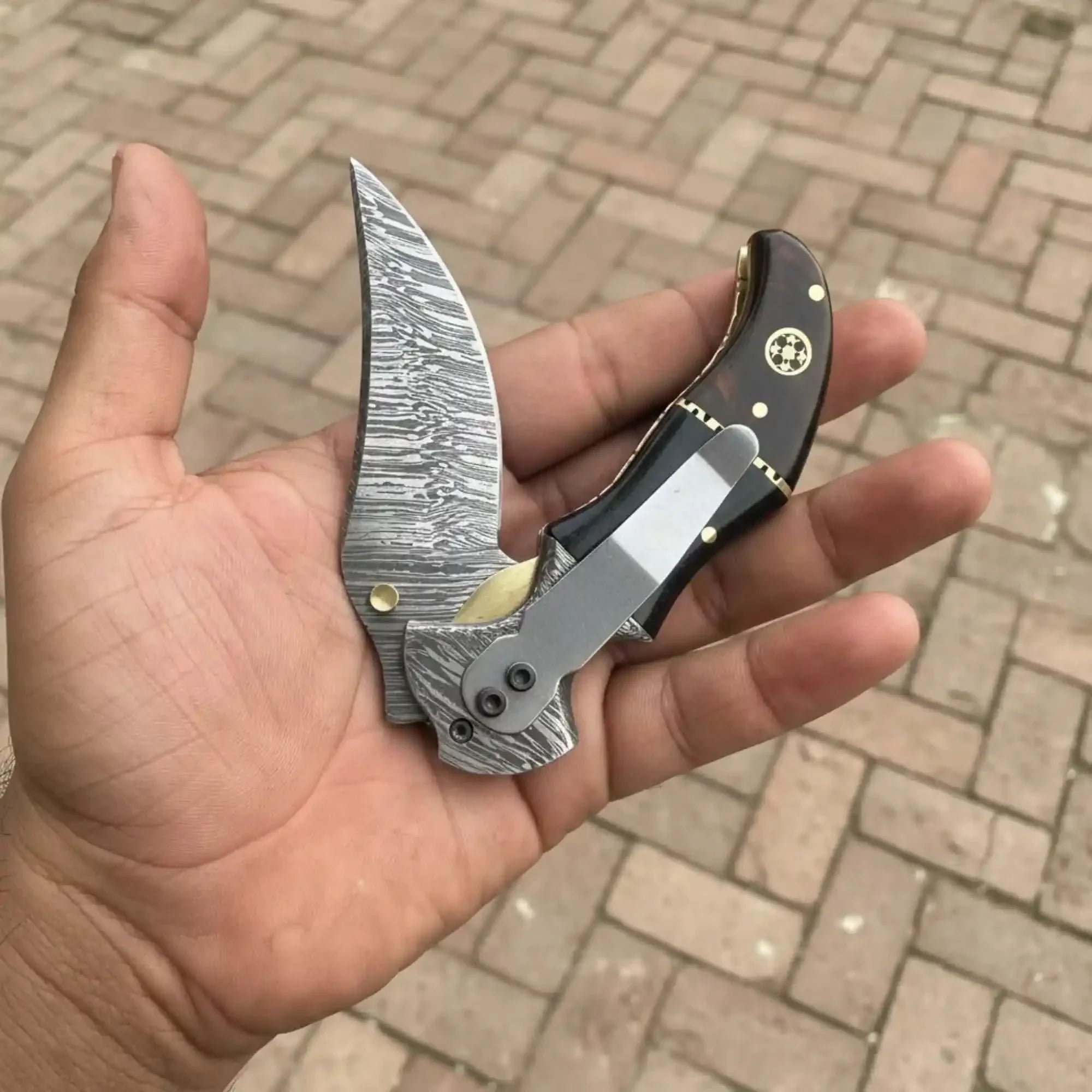 Damascus Recurve Folding Pocket Knife — Liner Lock, Black Resin & Wood Handle, Brass Spacer & Pocket Clip