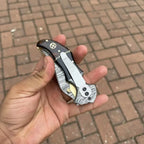 Damascus Recurve Folding Pocket Knife — Liner Lock, Black Resin & Wood Handle, Brass Spacer & Pocket Clip