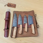 4 Piece Damascus Knife Set Olive Wood with Cleaver