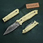 Handmade Damascus Steel Folding Knife with Olive Wood Handle – Brass Liner Pocket Knife