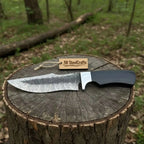 Damascus Trailing Point Fixed Blade Hunting Knife — Forged Ladder Pattern Blade, Black Resin Handle & Steel Guard