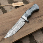 Bobcat Style Drop Point Hunting Knife Feather Damascus Blade Gray Pakka Wood Handle EDC Fixed Blade