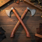 Handmade Norse Viking Axe Pair with Damascus Steel Heads & Hand Engraved Wooden Handles