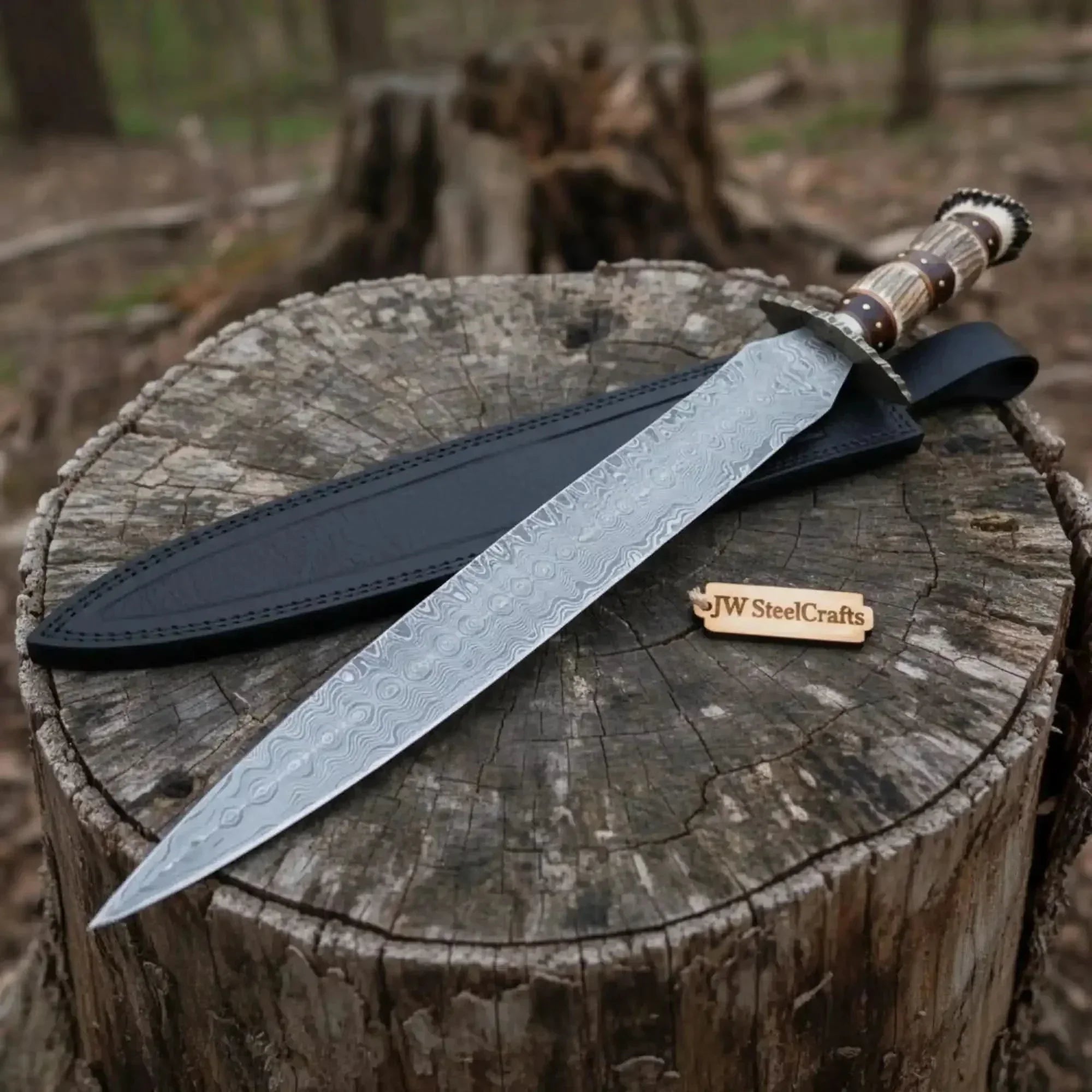 Double Edge Damascus Steel Knife with Stag Horn Handle