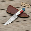 Damascus Camping Knife Fixed Blade USA Flag Resin Handle Outdoor Utility Knife with Sheath