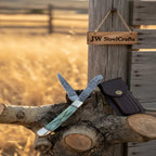 Damascus Trapper Pocket Knife Two Blade Folding Knife with Green Bone Handle