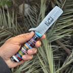 Damascus Bull Cutter Knife — Multi-Color Rainbow Resin Handle, Christian Cross Blade Engraving, Steel Bolster & Lanyard Hole