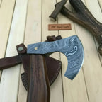 Damascus Camping Axe with Curved Rosewood Handle – Hand Forged Bushcraft Axe with Leather Sheath | JW SteelCrafts