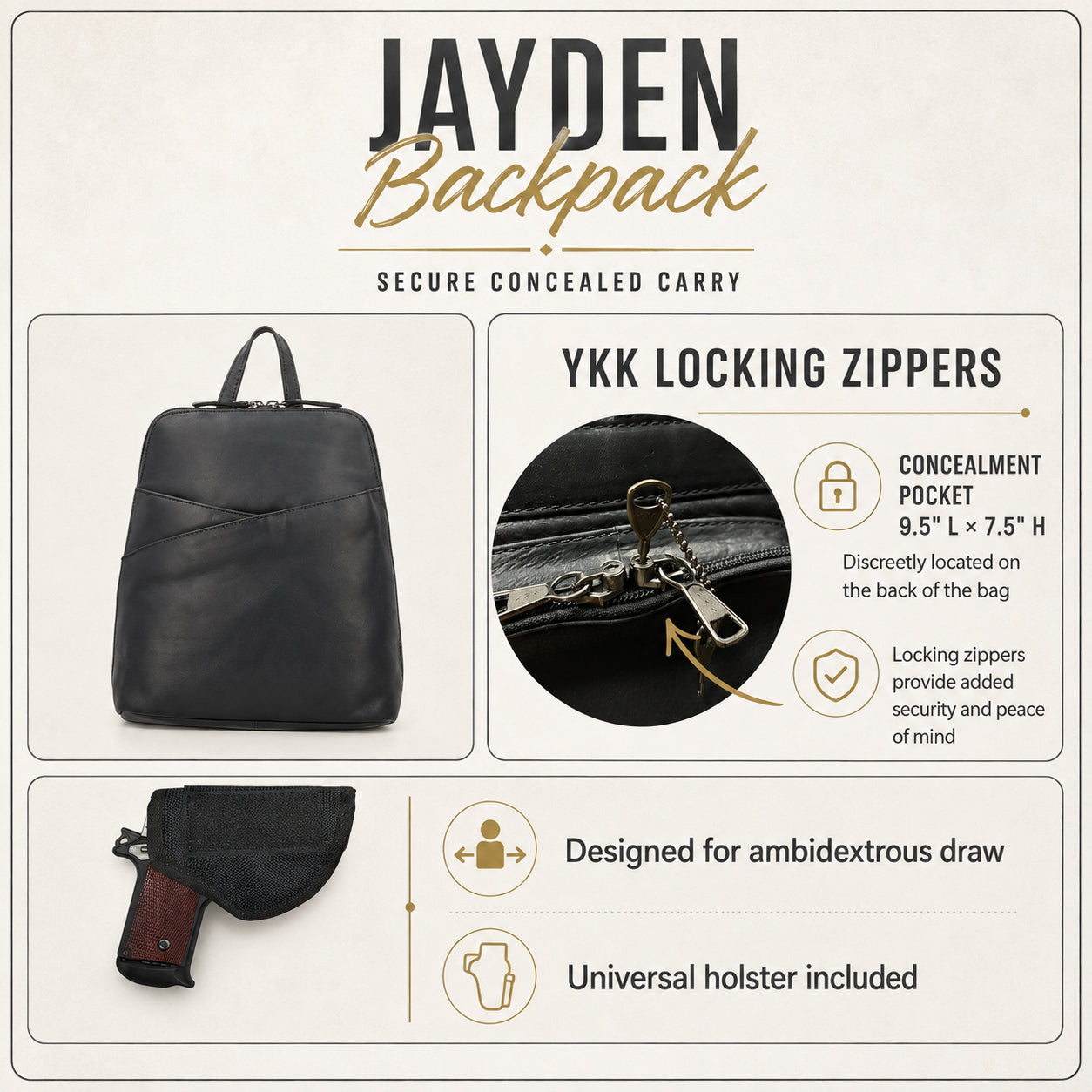 Concealed Carry Jayden Leather Backpack by Lady Conceal