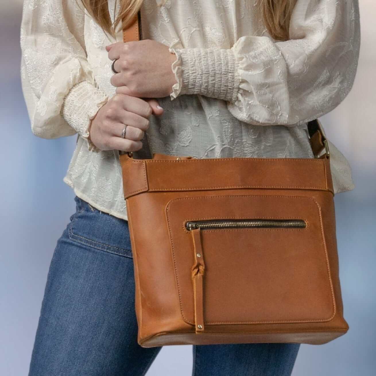 Concealed Carry Delaney Leather Crossbody by Lady Conceal - Distressed Light Brown