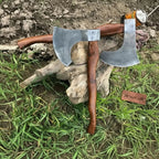 Matching Pair of Hand-Forged Damascus Bearded Axes with Curved Rosewood Handles