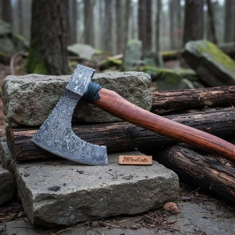 Pattern-Welded Damascus Viking Bearded Axe for Heavy Chopping and Trail Use