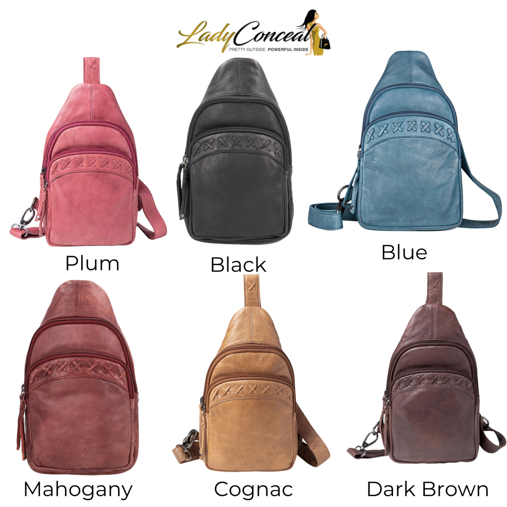 Concealed Carry Unisex Taylor Sling Leather Backpack by Lady Conceal