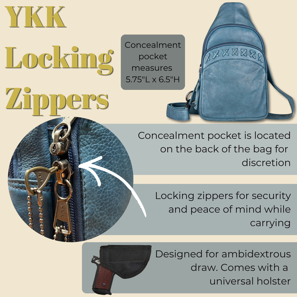 Concealed Carry Unisex Taylor Sling Leather Backpack by Lady Conceal