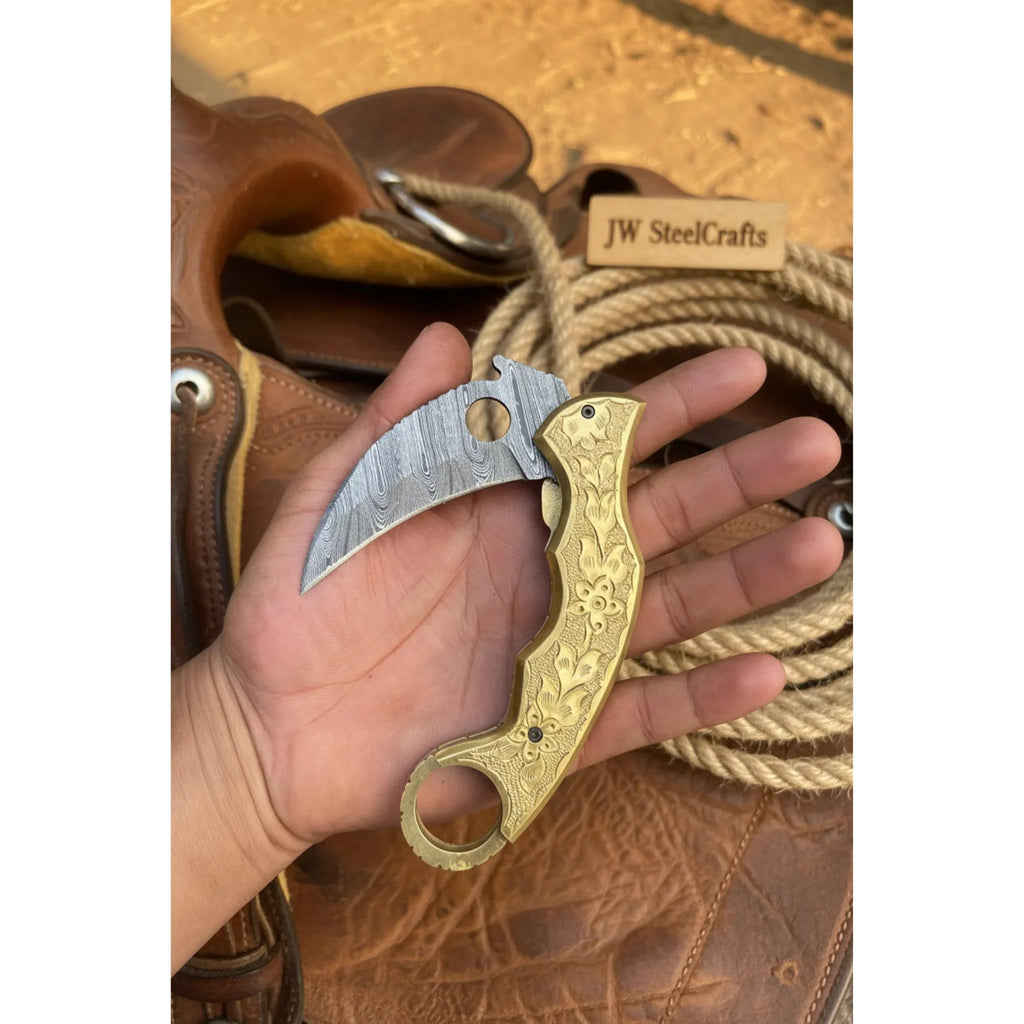 Goldtalon Ring Folder Knife 6" Handmade Brass Handle Finger Ring | JW Steelcrafts