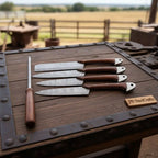 4-Piece Handmade Damascus Kitchen Knife Set – Rosewood Handles, Steel Bolsters & Brass Pins | Chef, Santoku, Cleaver & Utility | Leather Roll & Honing Rod Included