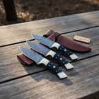 Damascus Hunting Knife Set Brass and Black Micarta Handle Fixed Blade Trio