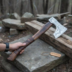 Hand Forged Carbon Steel Viking Axe with Carved Ash Wood Handle and Leather Grip