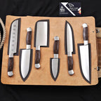 6-Piece High Carbon Steel Kitchen Knife Set with Leather Roll — Olive Wood Handles, Steel Bolsters, 7 to 12 Inc