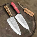 Acid-Etched Chef Knife with Red Pakka Wood & Checker Brown Wood Handle