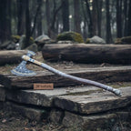 Hand Forged Viking Fantasy Double-Bit Axe with Norse Engraving, Gold Handle Fittings and Blue Gemstone Inlays