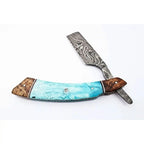 Classic Western Damascus Straight Barber Razor with Blue Bone and Rosewood Handle