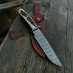 Handmade Damascus Hunting Knife with Stag Antler Bowie Blade