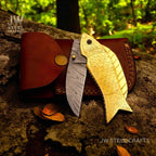 Handmade Damascus Steel Folding Knife with Engraved Brass Fish Handle