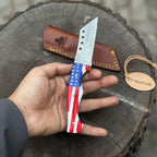 Damascus Tanto Fixed Blade Knife with American Flag Resin Handle, and Leather Sheath