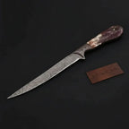 Custom Handmade Damascus Steel Boning Knife With Colour Bone Handle  with Leather Sheath