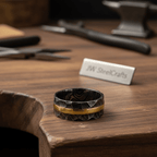 Mens Damascus Steel Wedding Band Hammered Finish with Brass Inlay