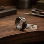Mens Damascus Steel Wedding Band Wide Triple Groove Pattern Ring