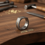 Damascus Steel Wedding Ring Faceted Band with Brass Inlay
