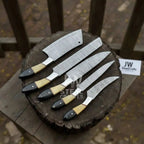 5-Piece Damascus Chef Knife Set – Camel Bone and Black Micarta Handles