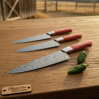 3 Piece Handmade Damascus chef Knife Set Red Pakka Wood Handles