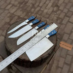 Blue Wood Damascus Chef Knife Set: 5-Piece Handmade Collection