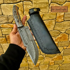 Damascus Hunting Knife with Grey Pinecone Handle | Full Tang + Black Leather Sheath